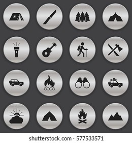 Set Of 16 Editable Camping Icons. Includes Symbols Such As Shelter, Field Glasses, Peak And More. Can Be Used For Web, Mobile, UI And Infographic Design.