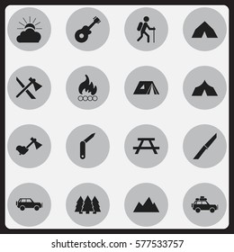 Set Of 16 Editable Camping Icons. Includes Symbols Such As Sport Vehicle, Clasp-Knife, Peak And More. Can Be Used For Web, Mobile, UI And Infographic Design.