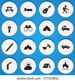 Set Of 16 Editable Camping Icons. Includes Symbols Such As Bedroll, Voyage Car, Refuge And More. Can Be Used For Web, Mobile, UI And Infographic Design.