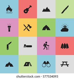 Set Of 16 Editable Camping Icons. Includes Symbols Such As Clasp-Knife, Peak, Lantern And More. Can Be Used For Web, Mobile, UI And Infographic Design.