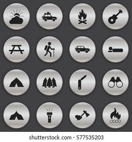 Set Of 16 Editable Camping Icons. Includes Symbols Such As Lantern, Gait, Bedroll And More. Can Be Used For Web, Mobile, UI And Infographic Design.