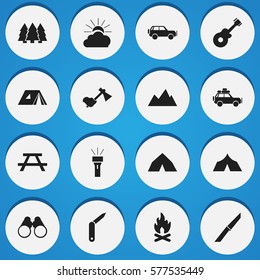 Set Of 16 Editable Camping Icons. Includes Symbols Such As Voyage Car, Knife, Lantern And More. Can Be Used For Web, Mobile, UI And Infographic Design.