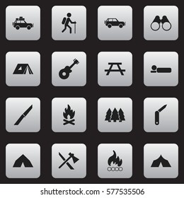 Set Of 16 Editable Camping Icons. Includes Symbols Such As Musical Instrument, Tomahawk, Shelter And More. Can Be Used For Web, Mobile, UI And Infographic Design.