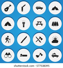 Set Of 16 Editable Camping Icons. Includes Symbols Such As Clasp-Knife, Ax, Bedroll And More. Can Be Used For Web, Mobile, UI And Infographic Design.