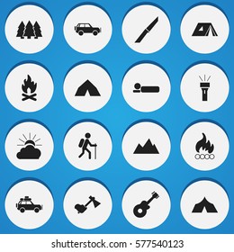 Set Of 16 Editable Camping Icons. Includes Symbols Such As Ax, Voyage Car, Bedroll And More. Can Be Used For Web, Mobile, UI And Infographic Design.