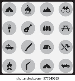 Conjunto De 16 Iconos De Camping Editables. Incluye Símbolos Como Refugio, Cuchillo, Pico Y Más. Se Puede Usar Para Diseño Web, Móvil, UI E Infográfico.