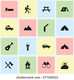 Set Of 16 Editable Camping Icons. Includes Symbols Such As Field Glasses, Refuge, Gait And More. Can Be Used For Web, Mobile, UI And Infographic Design.
