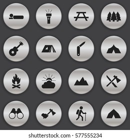 Set Of 16 Editable Camping Icons. Includes Symbols Such As Sunrise, Musical Instrument, Ax And More. Can Be Used For Web, Mobile, UI And Infographic Design.