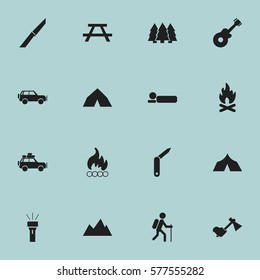 Set Of 16 Editable Camping Icons. Includes Symbols Such As Tepee, Gait, Refuge And More. Can Be Used For Web, Mobile, UI And Infographic Design.