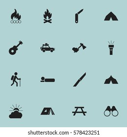 Set Of 16 Editable Camping Icons. Includes Symbols Such As Knife, Fever, Tepee And More. Can Be Used For Web, Mobile, UI And Infographic Design.