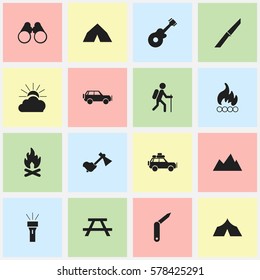 Set Of 16 Editable Camping Icons. Includes Symbols Such As Sunrise, Peak, Field Glasses And More. Can Be Used For Web, Mobile, UI And Infographic Design.