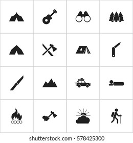 Set Of 16 Editable Camping Icons. Includes Symbols Such As Clasp-Knife, Refuge, Pine And More. Can Be Used For Web, Mobile, UI And Infographic Design.