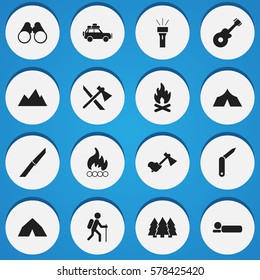 Set Of 16 Editable Camping Icons. Includes Symbols Such As Pine, Musical Instrument, Tepee And More. Can Be Used For Web, Mobile, UI And Infographic Design.