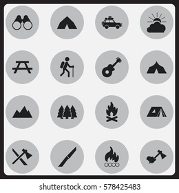 Set Of 16 Editable Camping Icons. Includes Symbols Such As Tepee, Desk, Fever And More. Can Be Used For Web, Mobile, UI And Infographic Design.