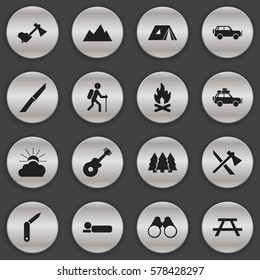 Set Of 16 Editable Camping Icons. Includes Symbols Such As Voyage Car, Shelter, Sunrise And More. Can Be Used For Web, Mobile, UI And Infographic Design.
