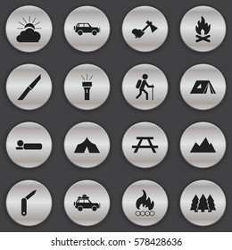 Set Of 16 Editable Camping Icons. Includes Symbols Such As Sunrise, Peak, Knife And More. Can Be Used For Web, Mobile, UI And Infographic Design.