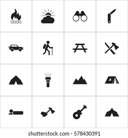 Set Of 16 Editable Camping Icons. Includes Symbols Such As Sport Vehicle, Blaze, Musical Instrument And More. Can Be Used For Web, Mobile, UI And Infographic Design.
