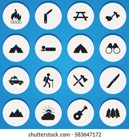 Set Of 16 Editable Camping Icons. Includes Symbols Such As Tomahawk, Bedroll, Blaze And More. Can Be Used For Web, Mobile, UI And Infographic Design.