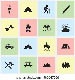 Set Of 16 Editable Camping Icons. Includes Symbols Such As Tomahawk, Knife, Shelter And More. Can Be Used For Web, Mobile, UI And Infographic Design.