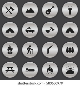 Set Of 16 Editable Camping Icons. Includes Symbols Such As Pine, Refuge, Tomahawk And More. Can Be Used For Web, Mobile, UI And Infographic Design.