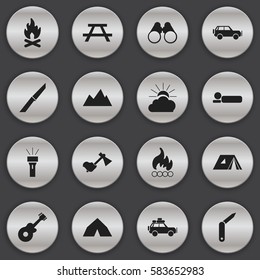 Set Of 16 Editable Camping Icons. Includes Symbols Such As Fever, Bedroll, Peak And More. Can Be Used For Web, Mobile, UI And Infographic Design.