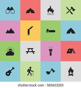 Set Of 16 Editable Camping Icons. Includes Symbols Such As Peak, Clasp-Knife, Shelter And More. Can Be Used For Web, Mobile, UI And Infographic Design.