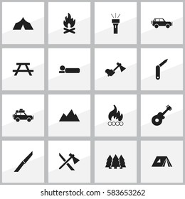 Set Of 16 Editable Camping Icons. Includes Symbols Such As Lantern, Desk, Pine And More. Can Be Used For Web, Mobile, UI And Infographic Design.