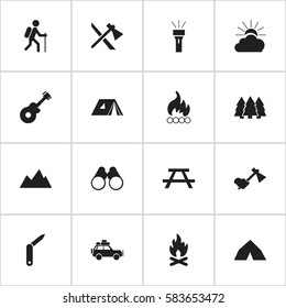Set Of 16 Editable Camping Icons. Includes Symbols Such As Sunrise, Pine, Desk And More. Can Be Used For Web, Mobile, UI And Infographic Design.