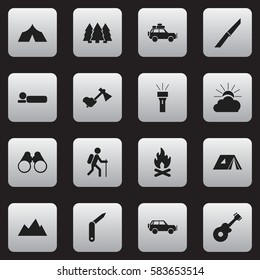 Set Of 16 Editable Camping Icons. Includes Symbols Such As Fever, Knife, Voyage Car And More. Can Be Used For Web, Mobile, UI And Infographic Design.