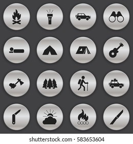 Set Of 16 Editable Camping Icons. Includes Symbols Such As Shelter, Fever, Gait And More. Can Be Used For Web, Mobile, UI And Infographic Design.