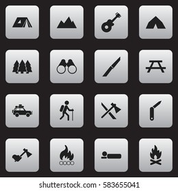 Set Of 16 Editable Camping Icons. Includes Symbols Such As Desk, Blaze, Tepee And More. Can Be Used For Web, Mobile, UI And Infographic Design.