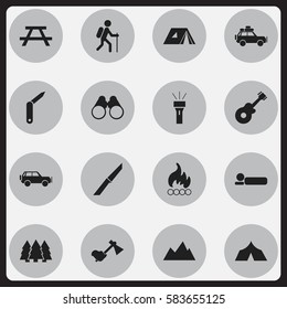 Set Of 16 Editable Camping Icons. Includes Symbols Such As Shelter, Sport Vehicle, Musical Instrument And More. Can Be Used For Web, Mobile, UI And Infographic Design.
