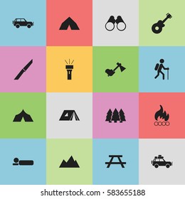 Set Of 16 Editable Camping Icons. Includes Symbols Such As Pine, Field Glasses, Gait And More. Can Be Used For Web, Mobile, UI And Infographic Design.