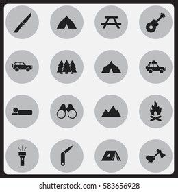 Set Of 16 Editable Camping Icons. Includes Symbols Such As Ax, Knife, Peak And More. Can Be Used For Web, Mobile, UI And Infographic Design.