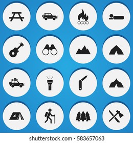 Set Of 16 Editable Camping Icons. Includes Symbols Such As Blaze, Field Glasses, Tomahawk And More. Can Be Used For Web, Mobile, UI And Infographic Design.