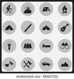 Set Of 16 Editable Camping Icons. Includes Symbols Such As Tepee, Sunrise, Pine And More. Can Be Used For Web, Mobile, UI And Infographic Design.