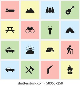Set Of 16 Editable Camping Icons. Includes Symbols Such As Sport Vehicle, Sunrise, Pine And More. Can Be Used For Web, Mobile, UI And Infographic Design.