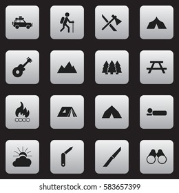 Set Of 16 Editable Camping Icons. Includes Symbols Such As Bedroll, Pine, Desk And More. Can Be Used For Web, Mobile, UI And Infographic Design.