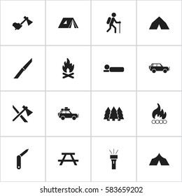 Set Of 16 Editable Camping Icons. Includes Symbols Such As Pine, Clasp-Knife, Bedroll And More. Can Be Used For Web, Mobile, UI And Infographic Design.
