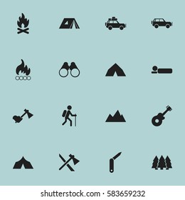 Set Of 16 Editable Camping Icons. Includes Symbols Such As Blaze, Field Glasses, Refuge And More. Can Be Used For Web, Mobile, UI And Infographic Design.