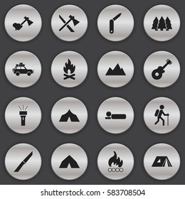 Set Of 16 Editable Camping Icons. Includes Symbols Such As Lantern, Clasp-Knife, Blaze And More. Can Be Used For Web, Mobile, UI And Infographic Design.