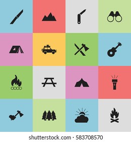 Set Of 16 Editable Camping Icons. Includes Symbols Such As Blaze, Tomahawk, Sunrise And More. Can Be Used For Web, Mobile, UI And Infographic Design.