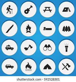 Set Of 16 Editable Camping Icons. Includes Symbols Such As Tomahawk, Voyage Car, Fever And More. Can Be Used For Web, Mobile, UI And Infographic Design.