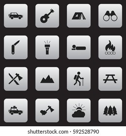 Set Of 16 Editable Camping Icons. Includes Symbols Such As Ax, Field Glasses, Lantern And More. Can Be Used For Web, Mobile, UI And Infographic Design.