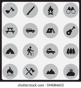 Set Of 16 Editable Camping Icons. Includes Symbols Such As Voyage Car, Gait, Fever And More. Can Be Used For Web, Mobile, UI And Infographic Design.