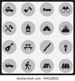 Set Of 16 Editable Camping Icons. Includes Symbols Such As Field Glasses, Pine, Tepee And More. Can Be Used For Web, Mobile, UI And Infographic Design.