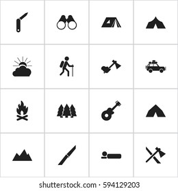 Set Of 16 Editable Camping Icons. Includes Symbols Such As Shelter, Gait, Knife And More. Can Be Used For Web, Mobile, UI And Infographic Design.