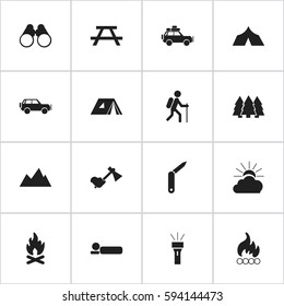 Set von 16 bearbeitbaren Camping Icons. Enthält Symbole wie Sonnenaufgang, Kiefer, Feldbrille und mehr. Kann für Web-, Mobile-, UI- und Infografik-Design verwendet werden.