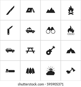 Set Of 16 Editable Camping Icons. Includes Symbols Such As Peak, Fever, Field Glasses And More. Can Be Used For Web, Mobile, UI And Infographic Design.