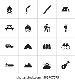 Set Of 16 Editable Camping Icons. Includes Symbols Such As Blaze, Sport Vehicle, Shelter And More. Can Be Used For Web, Mobile, UI And Infographic Design.